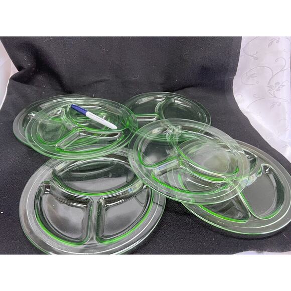 Vintage Green Depression Uranium Glass Grill Dinner Plates - Set Of Six - Picture 4 of 11